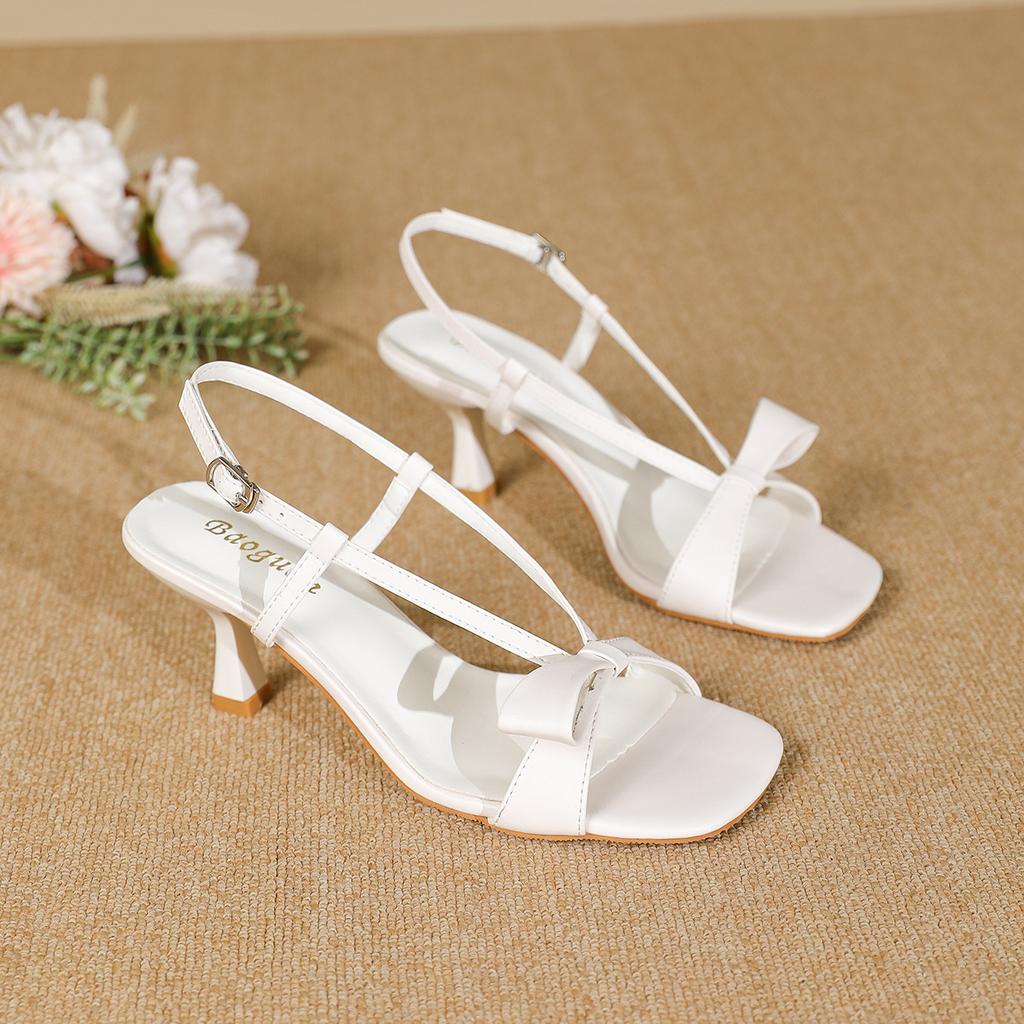 Белые сандалии женские летние бант простые и сексуальные квадратный носок тонкий каблук темперамент с юбкой высокий каблук