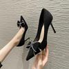 High Heels Women's Spring 2025 New Black Bow Rhinestone Pointed Thin Heel Versatile Non-slip Women's Single Shoes Large Size