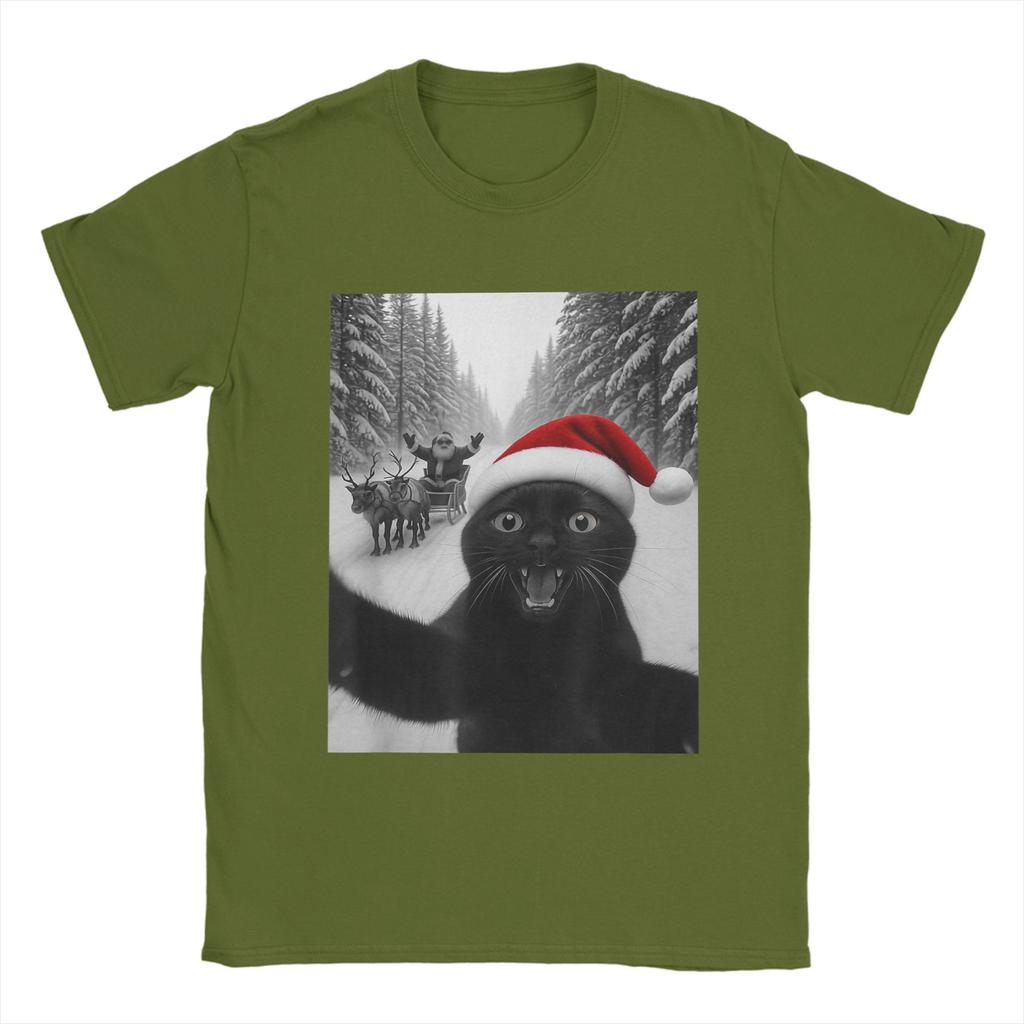 Funny Cat Selfie with Santa Christmas Men's T Shirts Awesome Tees Short Sleeve Round Collar T-Shirts New Arrival Clothing
