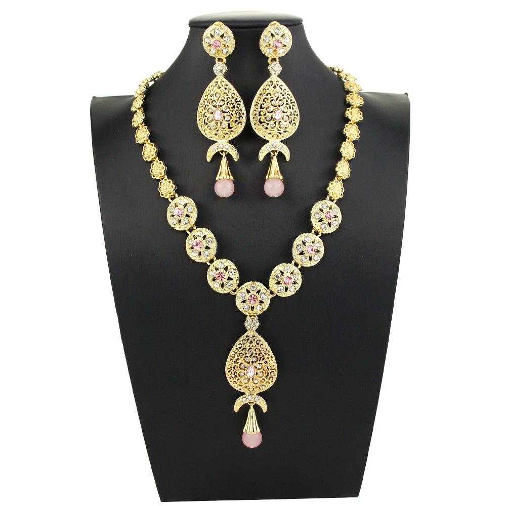 Золотые комплекты ювелирных изделий для невесты, женские длинные серьги-капли с кристаллами, ожерелье с подвеской, арабские свадебные украшения