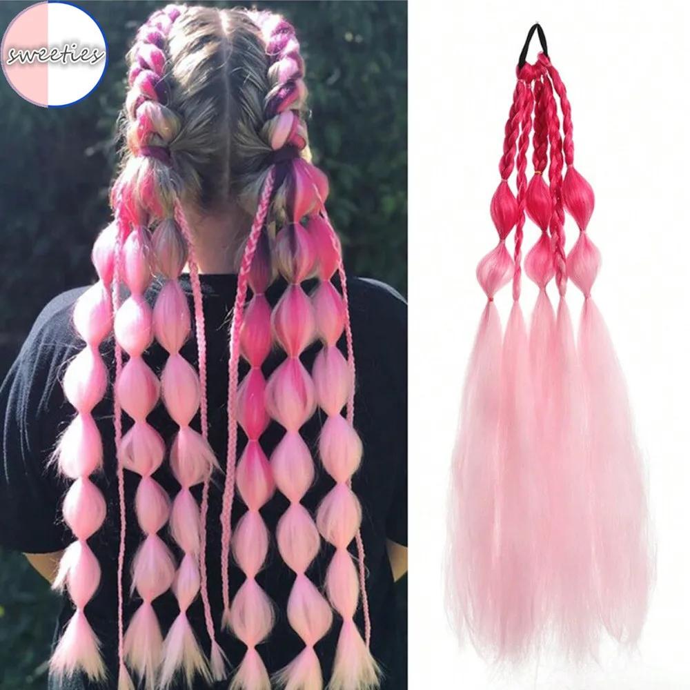 60СМ Цветная Коса-пузырь Синтетический Парик Модный Хип-хоп Цветной Градиент Женский Парик Имитация Натуральных Высокотемпературных Шелковых Волос
