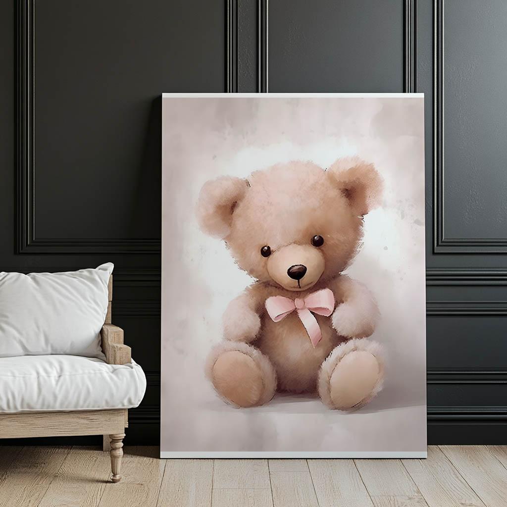 Мишка с розовым бантом Мишка с розовым бантом, 30X40 см, Алюминиевая рама черная, Матовая бумага 230 г/м2