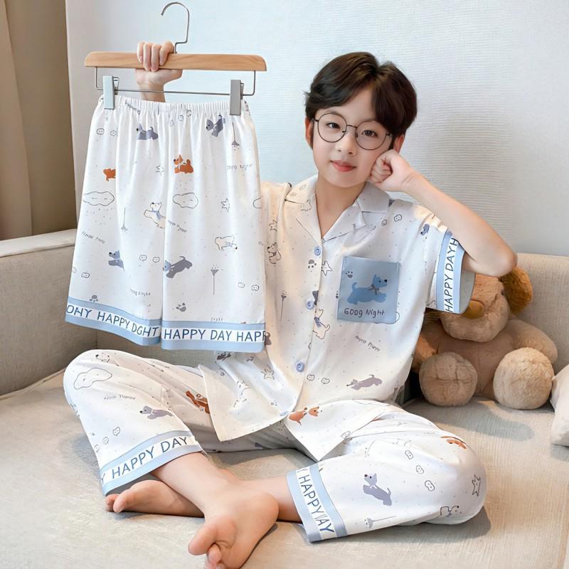 Kids Ice Silk Pajama Set Short Sleeve Cartoon Print Boys Sleepwear Ages 8