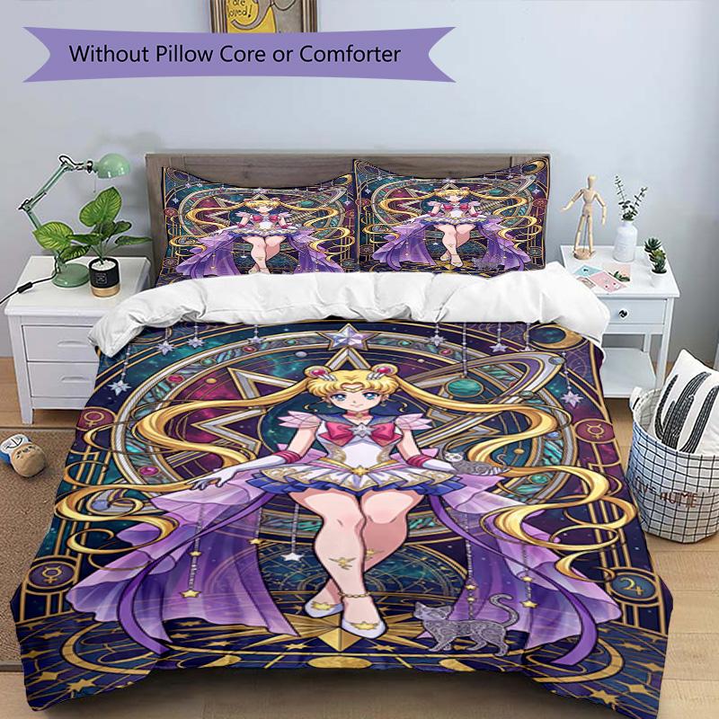 3pcs Duvet Cover Set (1*Duvet Cover + 2*Pillowcase, Without Core), Sailor Moon Print Bedding Set, Bedroom Decor, All‑Season, Birthday Gift