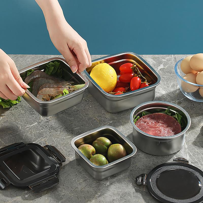 Контейнер для еды из нержавеющей стали, коробка для хранения свежих продуктов с герметичной крышкой, холодильник для хранения обедов и блюд, кухонный набор, круглая квадратная миска
