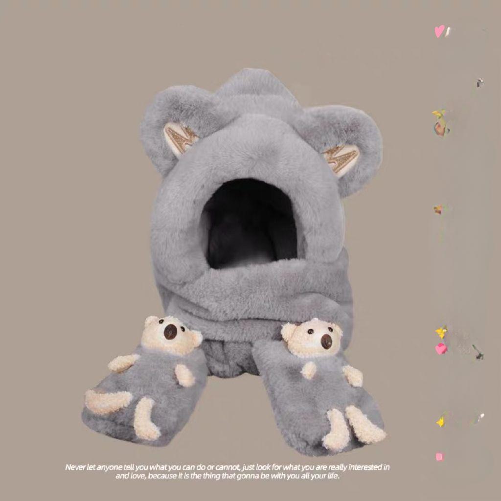 Шапка-медведь Зима Осень Зима Милые перчатки Шарф Плюшевый теплый комплект из трех предметов Нагрудник с капюшоном Защита ушей