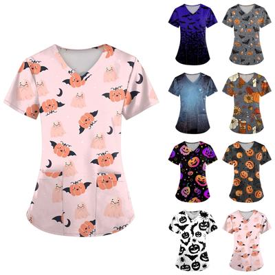 Женская униформа с коротким рукавом и принтом на Хэллоуин с V-образным вырезом и карманом