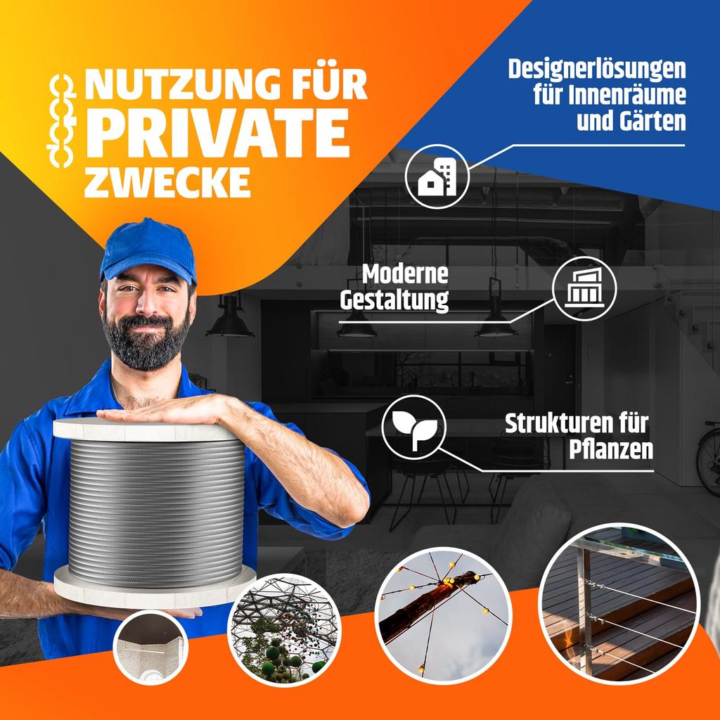 DQ-PP STAHLSEIL - Konstruktion: 6x7 - Durchmesser: 1.5mm - Länge: 200m - galvanisch verzinktes Drahtseil - Forstseil - Windenseil - Spannseil
