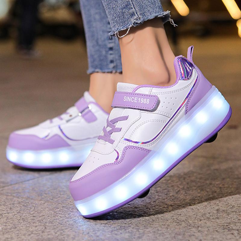 Детская спортивная обувь с подсветкой, натирающая обувь, однотонная волшебная нашивка с зарядкой, двухрядная четырехколесная скользящая обувь