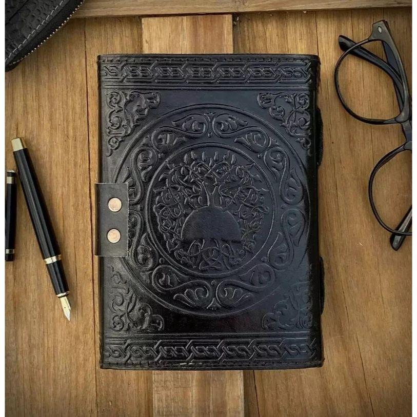 Handmade Wicca Leather Journal Black Pentagram Diary Cotton Paper For Poetry
