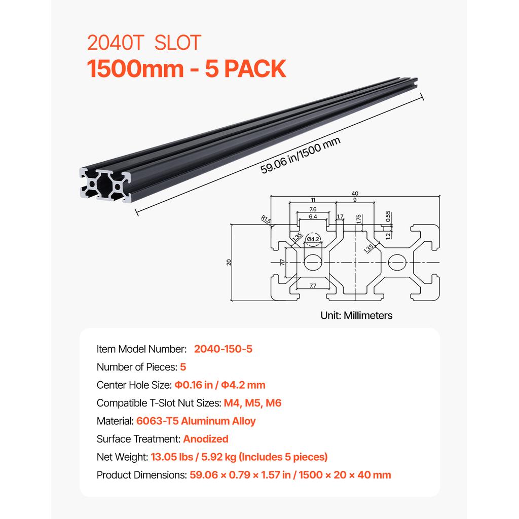 SucceBuy Linear Rail 4-5 PCS 1000mm/1200mm/1500mm/2000mm T Slot 2040 Aluminum Extrusion Profile for 3D Printer, CNC Machine DIY
