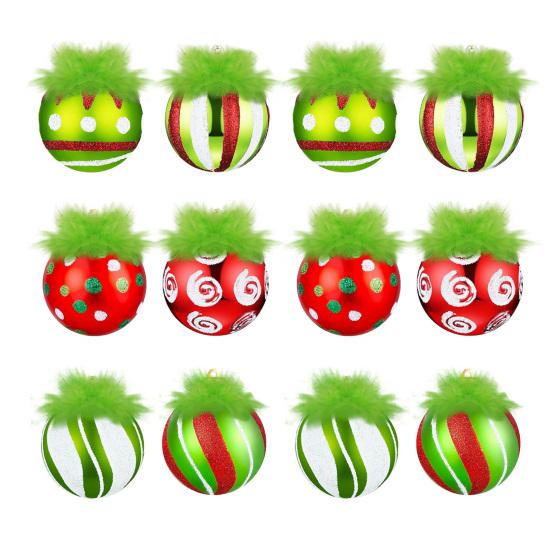 2.4 Inch Christmas Ball Ornaments with Fuzzy Green Hair Glittering Hanging Furry Elf Ball Decoration Red Green Plastic Ball Ornament