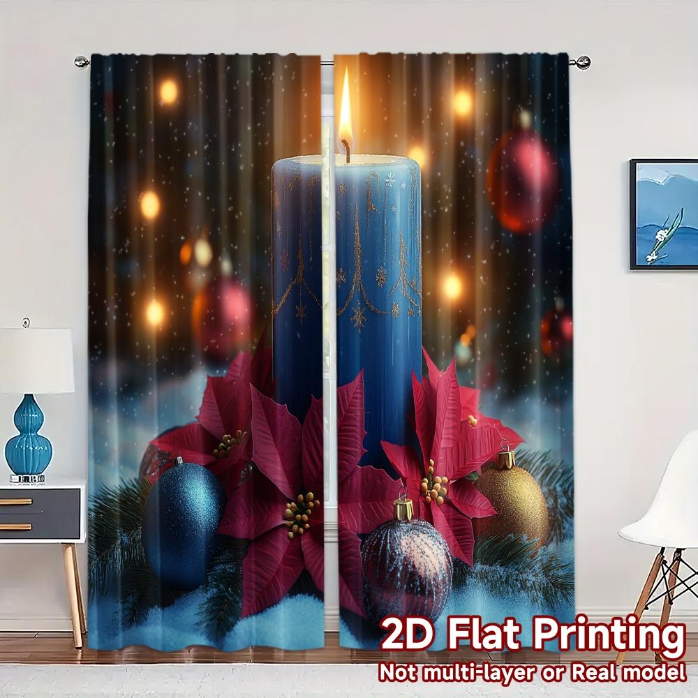 2Pcs,Curtains Christmas Candle Poinsettia Ornaments (3) Popular Curtains Fabric Curtains Room Decor Use For Bedroom, Living