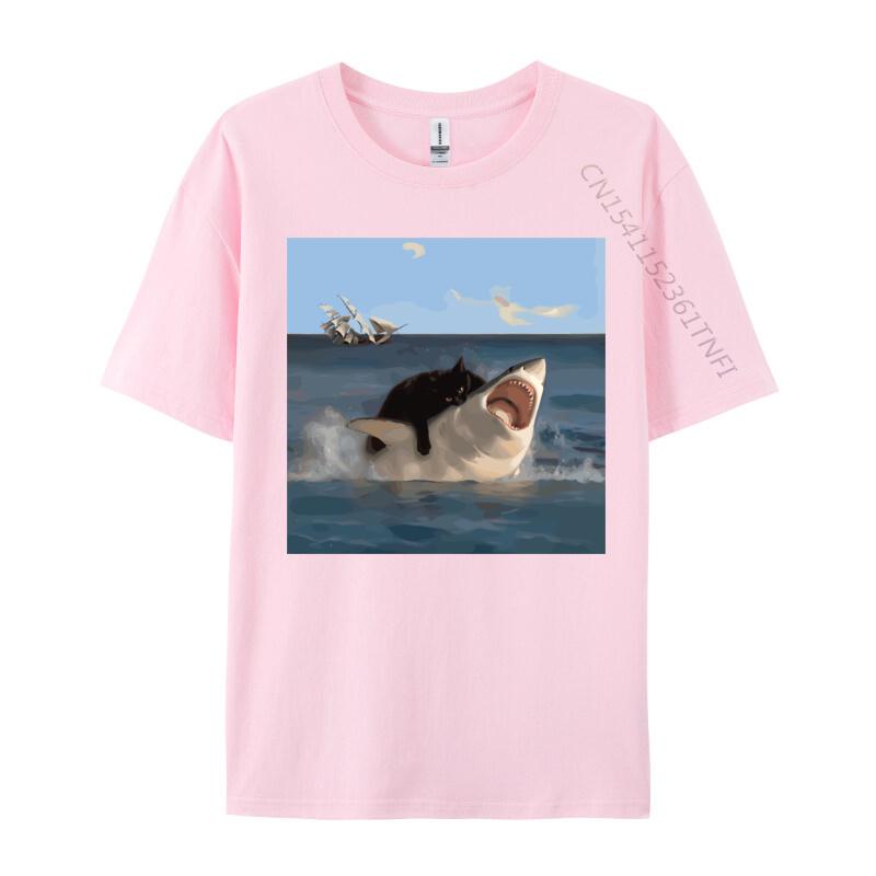 Cat Biting Shark Funny Art and Cat Lover Funny Cat and Shark Printed Cotton Unisex Tops Shirt Normal Hip Hop 2026 Summer TShirt