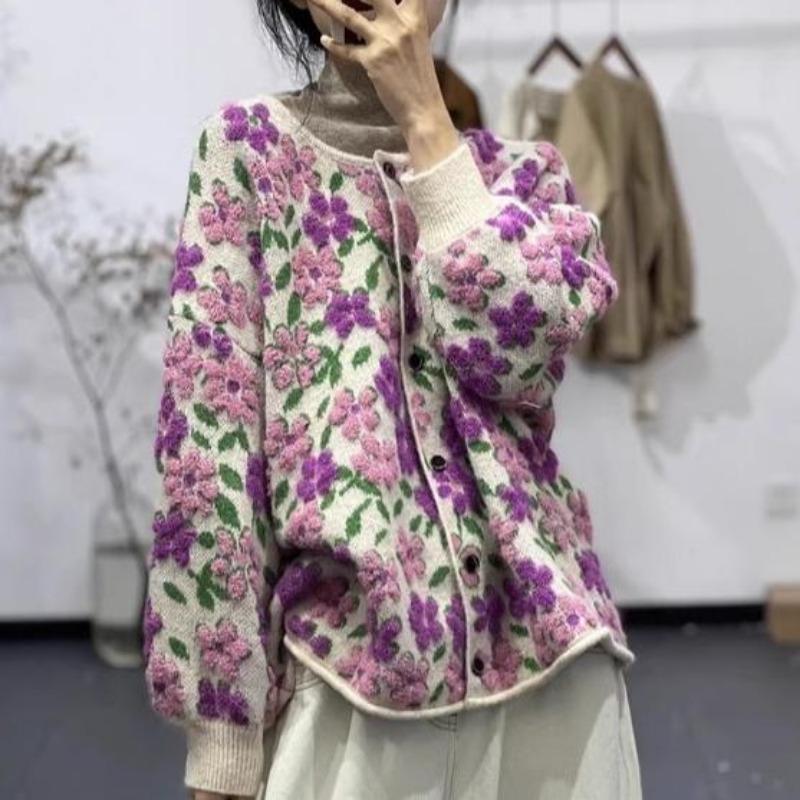 Sweaters Flower Cardigan Autumn Women Print O-Neck Sweaters Knitting Loose Sweater Black