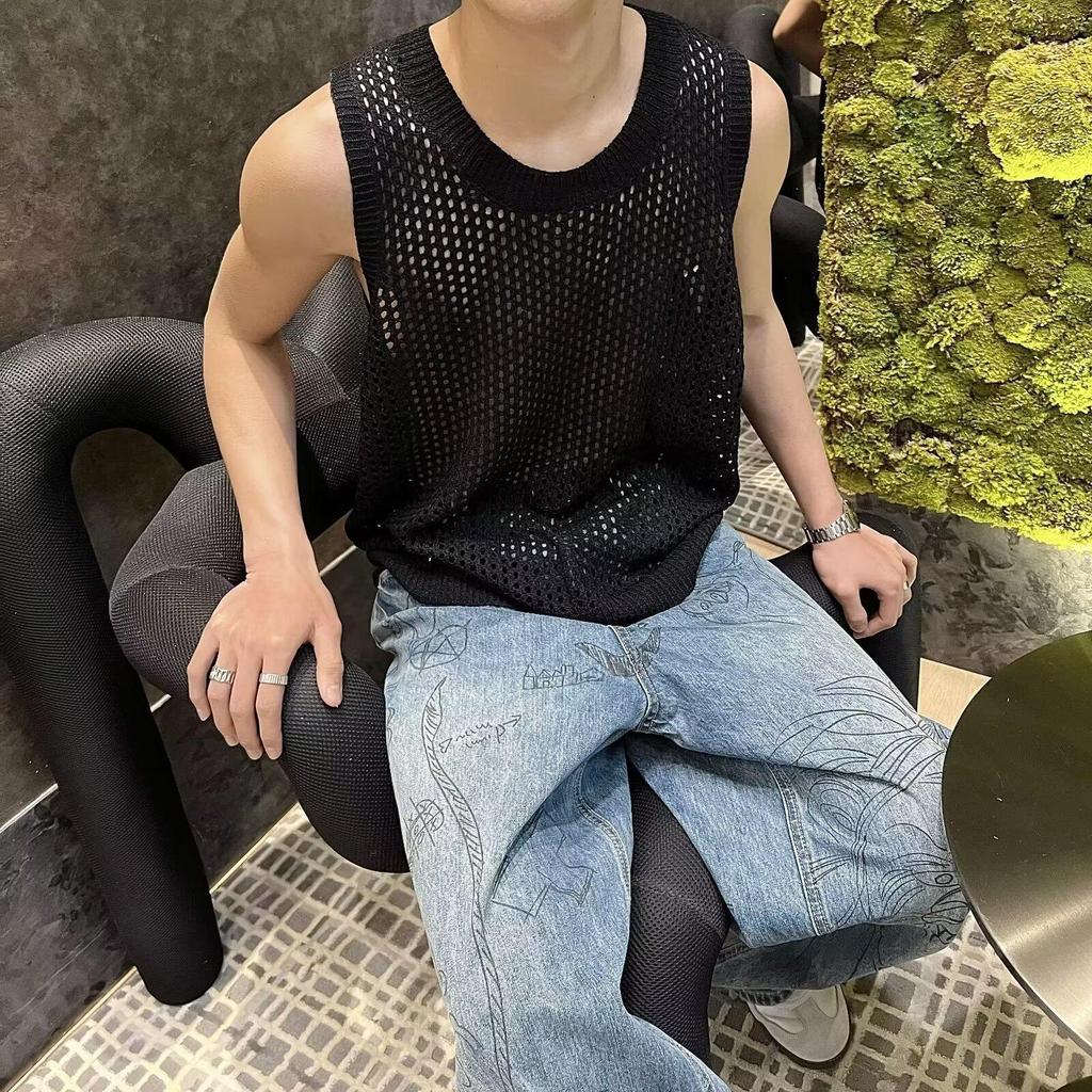 Модный сетчатый трикотажный жилет без рукавов: Полый дизайн, круглый вырез, повседневный стиль