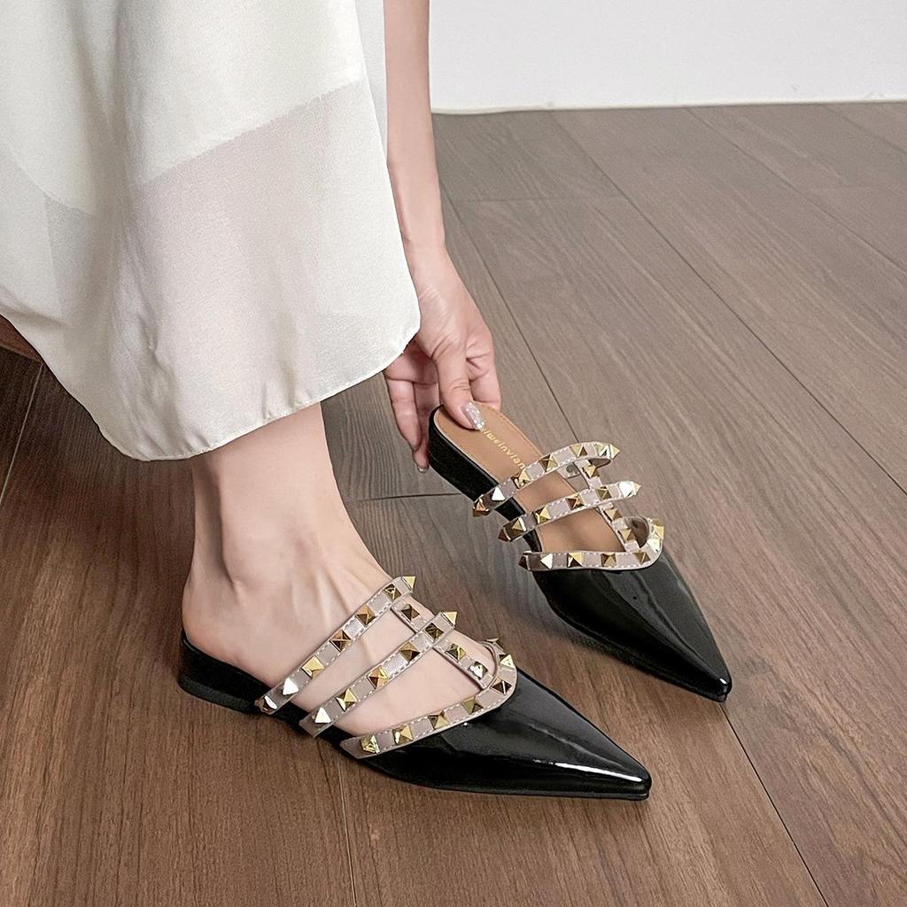 Weiwei Girl 875-3 Pointed Toe Rivet Thick Sole Mules - Women's Elegant Summer Closed Toe Sandals