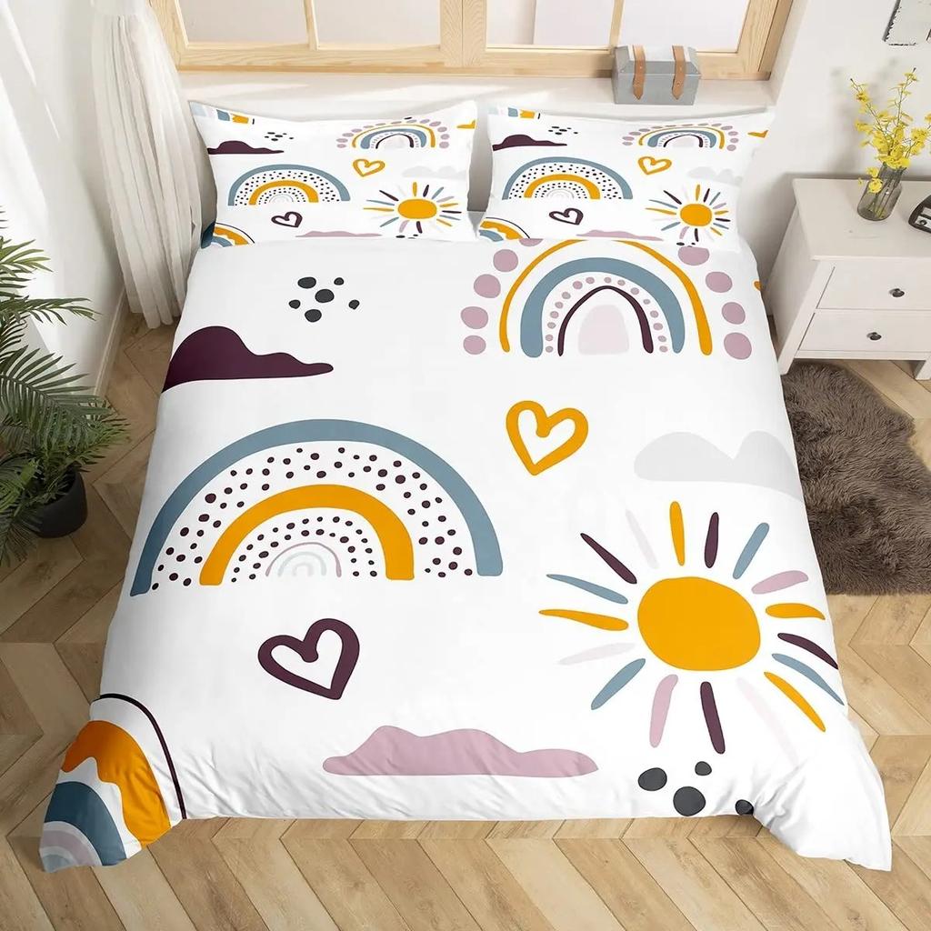 Red Valentine'S Day Rainbow Duvet Cover Twin Size,Cartoon Love Heart Bedding Set For Girls Women Moon Leaves Comforter Cover