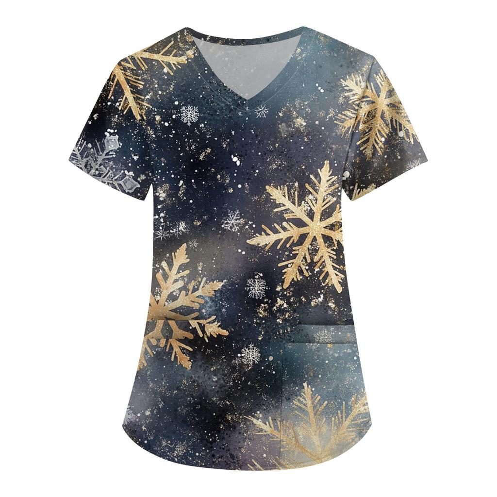 Women's Cute Printed Work Clothes V-neck Double Layer Pockets Basic Short Sleeve Top Pullover Christmas