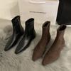 Черные остроносые тонкие ботильоны женская обувь 2025 новый осенне-зимний бархатные на низком каблуке универсальные корейские маленькие ботильоны