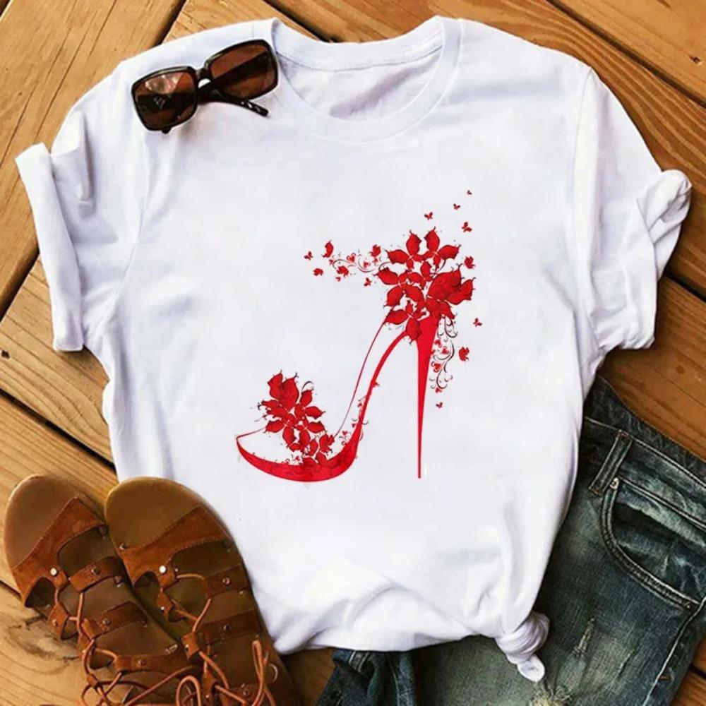 New Fashion High Heels Personalized Printed Women's Summer Short Sleeve T-shirt Casual Tops Oversized T Shirt Harajuku Tee
