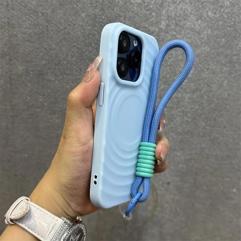 Роскошный рябь магнитный с шнурком мягкий чехол для телефона iPhone 16 15 14 13 Pro Max беспроводной зарядкой противоударный чехол