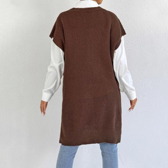 Женский свитер-жилет с V-образным вырезом, без рукавов, однотонный, вязаный, свободного кроя, с боковыми разрезами, повседневный свитер-жилет