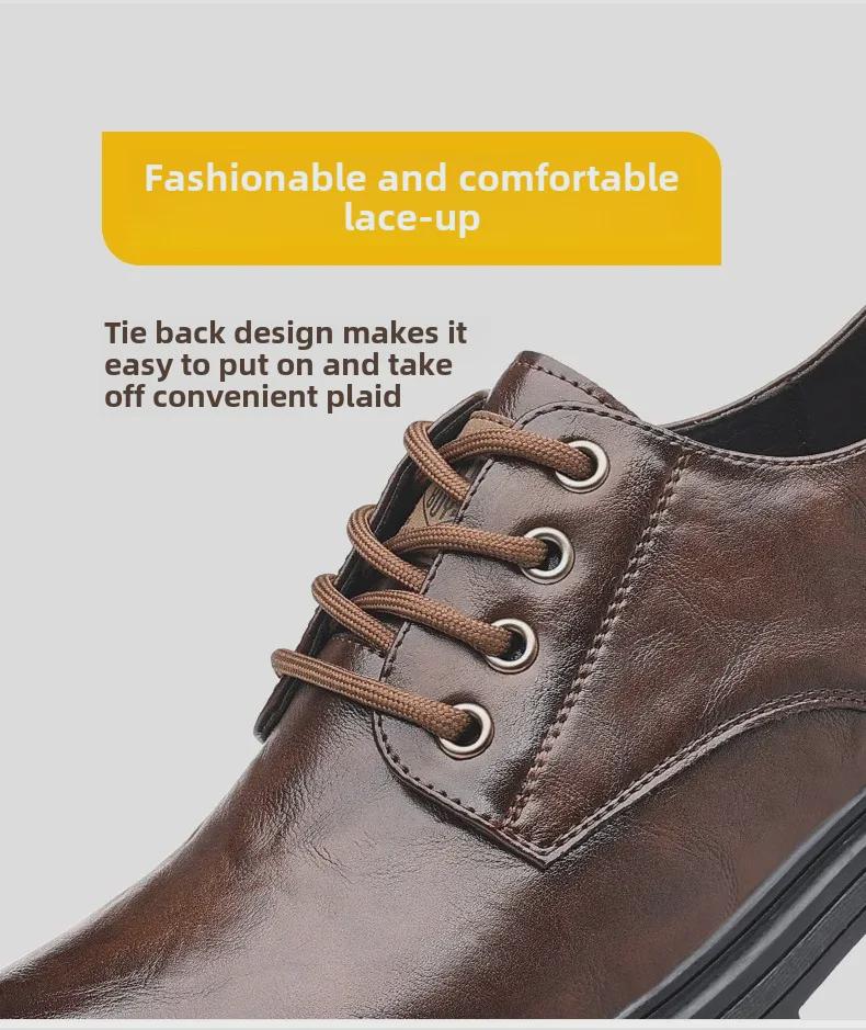 Мужские кожаные рабочие туфли на шнуровке: Толстая подошва, увеличивающая рост, универсальная, нескользящая, повседневная натуральная кожа, плюс хлопок.