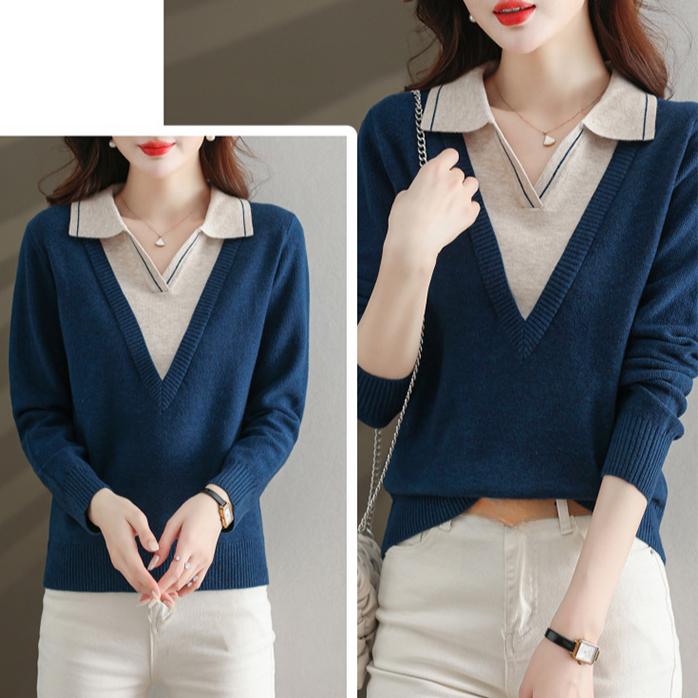 Fake Two Piece Knitted Sweater Women Fashion Lapel All Match V Neck Autumn Winter Pullover Top Casual Basic Sweaters