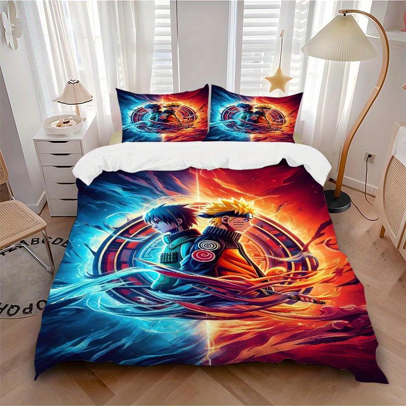 3pcs Naruto vs Sasuke Anime Design Printed Quilt Set - Includes 1 Quilt Cover and 2 Pillowcases, Machine Washable - Suitable for All Seasons.F046