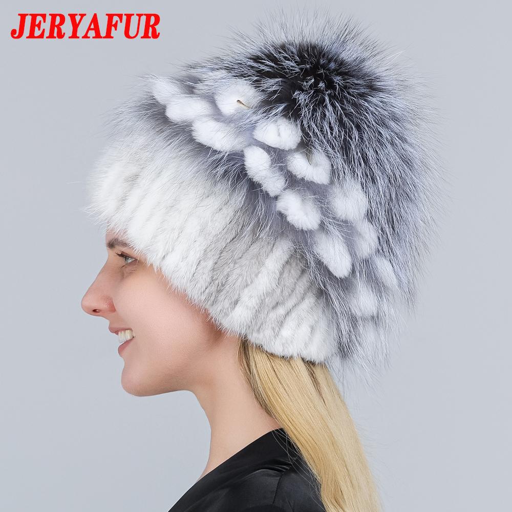 JERYAFUR Женская шапка из натурального меха норки, помпон из лисы, цветы кролика, стильная теплая модная зимняя шапка из натурального меха для девочек, вязаная