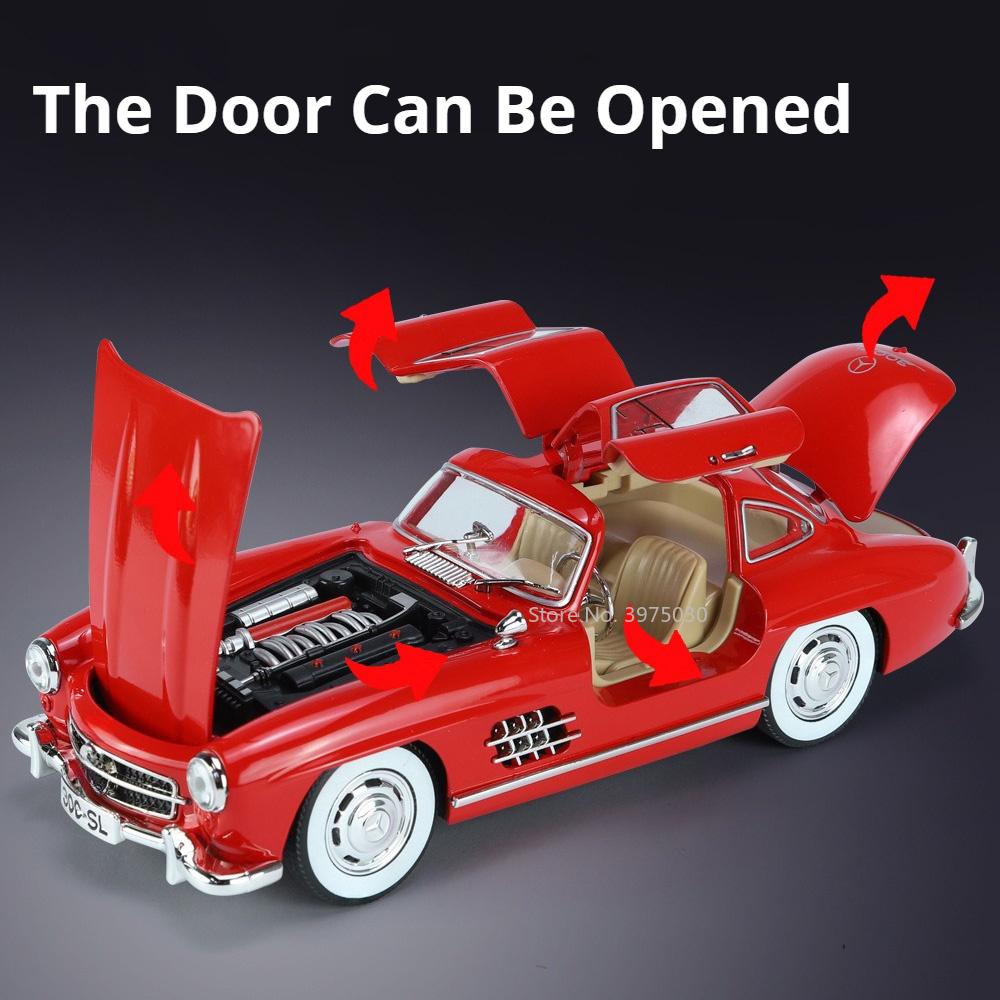 1/24 Benz 300SL Игрушечная модель автомобиля Литой сплав с инерционным механизмом Звук и свет Моделирование игрушечных транспортных средств Модели Мальчики Дни рождения Коллекционирование подарков