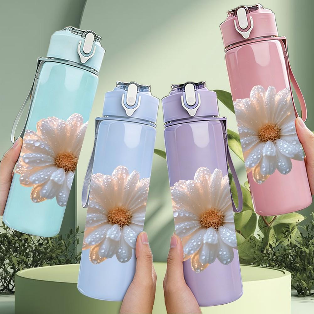 1PC White Daisy Flower Blossom Print 750ml Color Plastic Sports Water Bottle Leakproof Flip Straw Lid Suitable for Sports Office Home Use