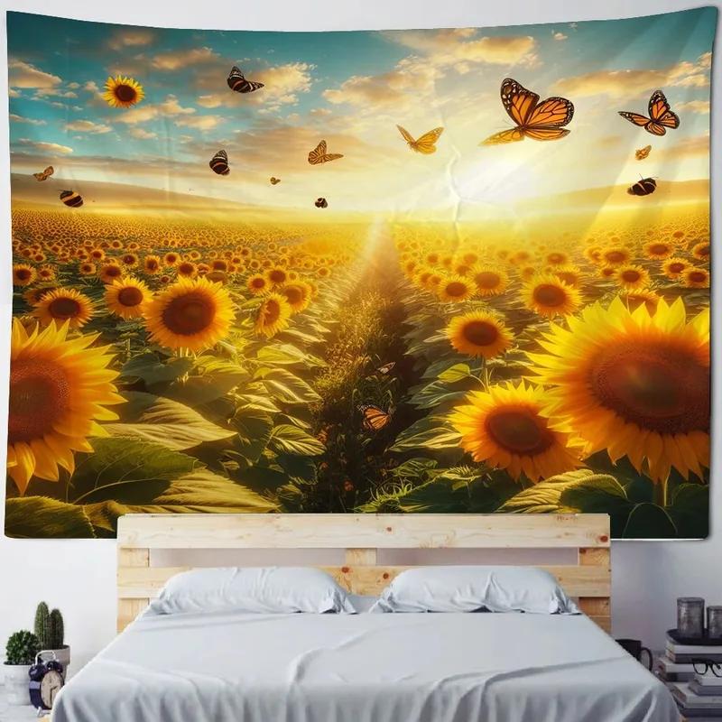 Украшение стены дома Гобелен Фон Подсолнуховое поле Гобелен для офиса и гостиной