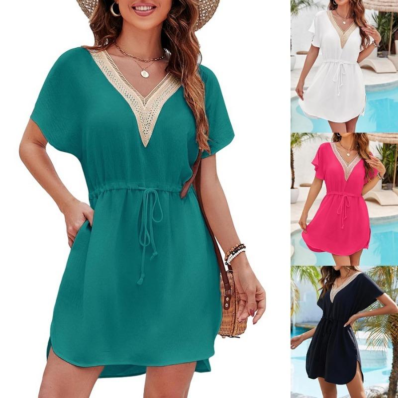 Женское летнее кружевное платье-накидка с V-образным вырезом и эластичной талией для отдыха