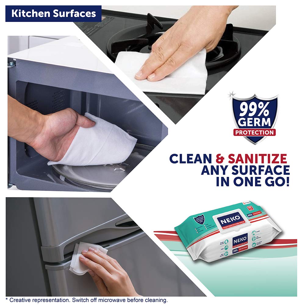 Neko Multi-Purpose Germ Protection Wipes 80 Large Wet Wipes Pack with Aloe Vera for Cleaning Surfaces