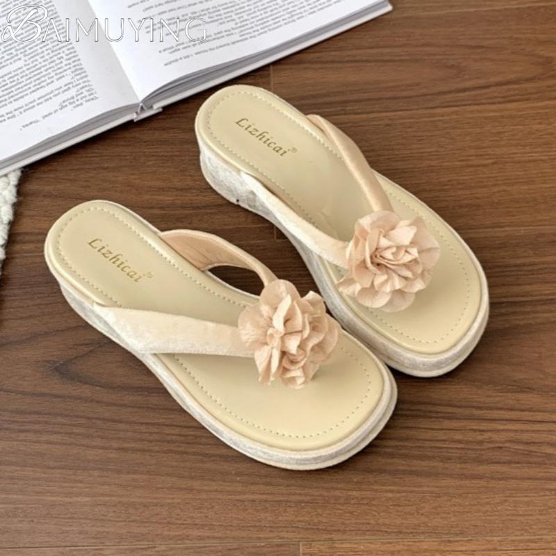 Fashion Flower Women Flip Flops Wedges Slippers Flat Sandals Casual Shoes Woman 2025 Trend Beach Clip Toe Summer Platform Comfort Slides