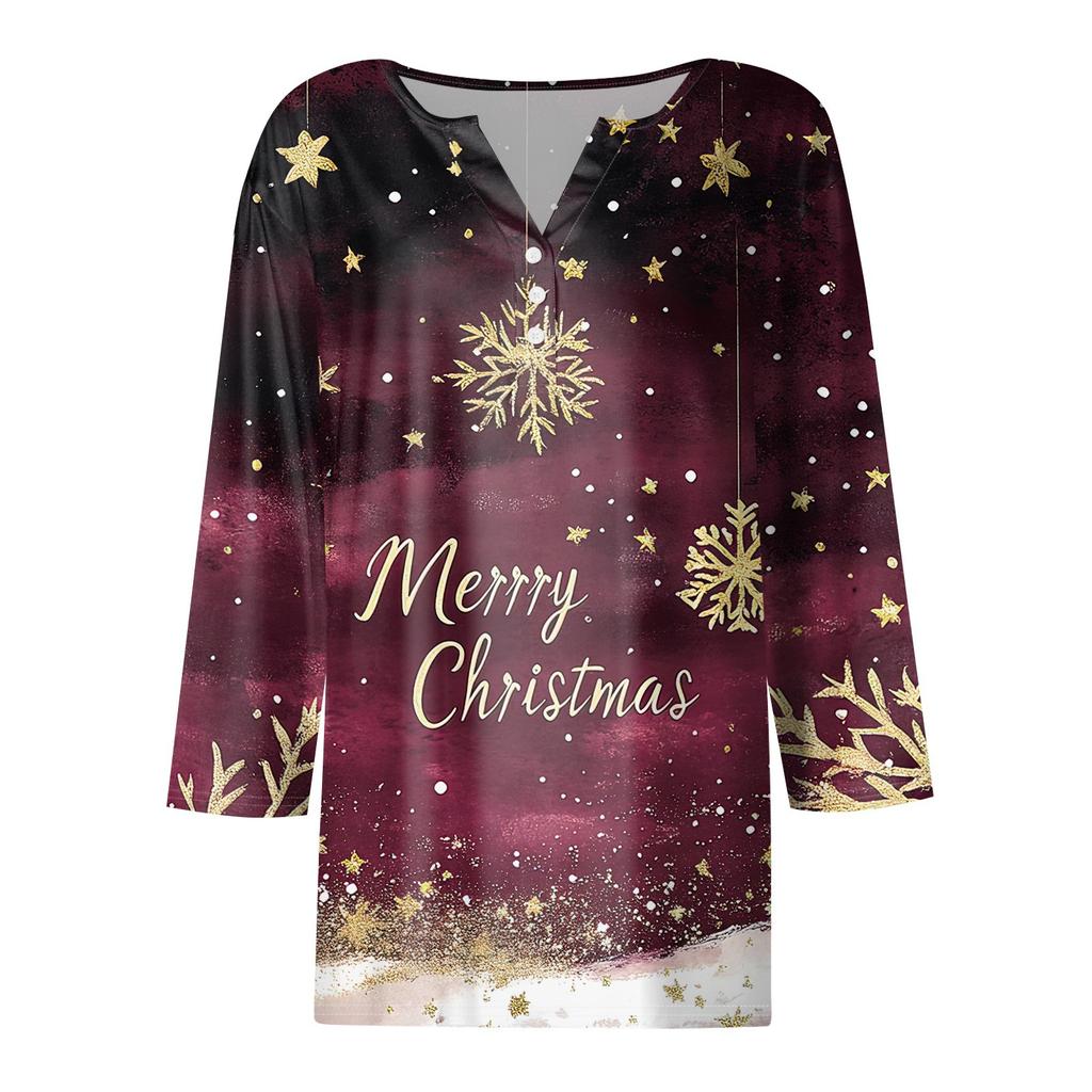 Women's T Shirt Christmas Print Button 3/4 Sleeve Daily Weekend Fashion Basic V- Neck Regular Top