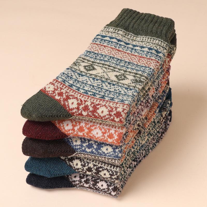 "Men's Retro Thick Thread Ethnic Style Mid-Tube Socks for Autumn & Winter (5-10 Pairs)"