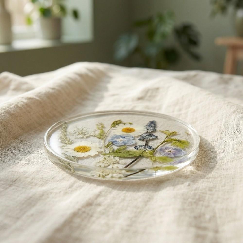 Round Floral Print Coasters Transparent Insulation Pad Table Decoration Cup Mat Gifts