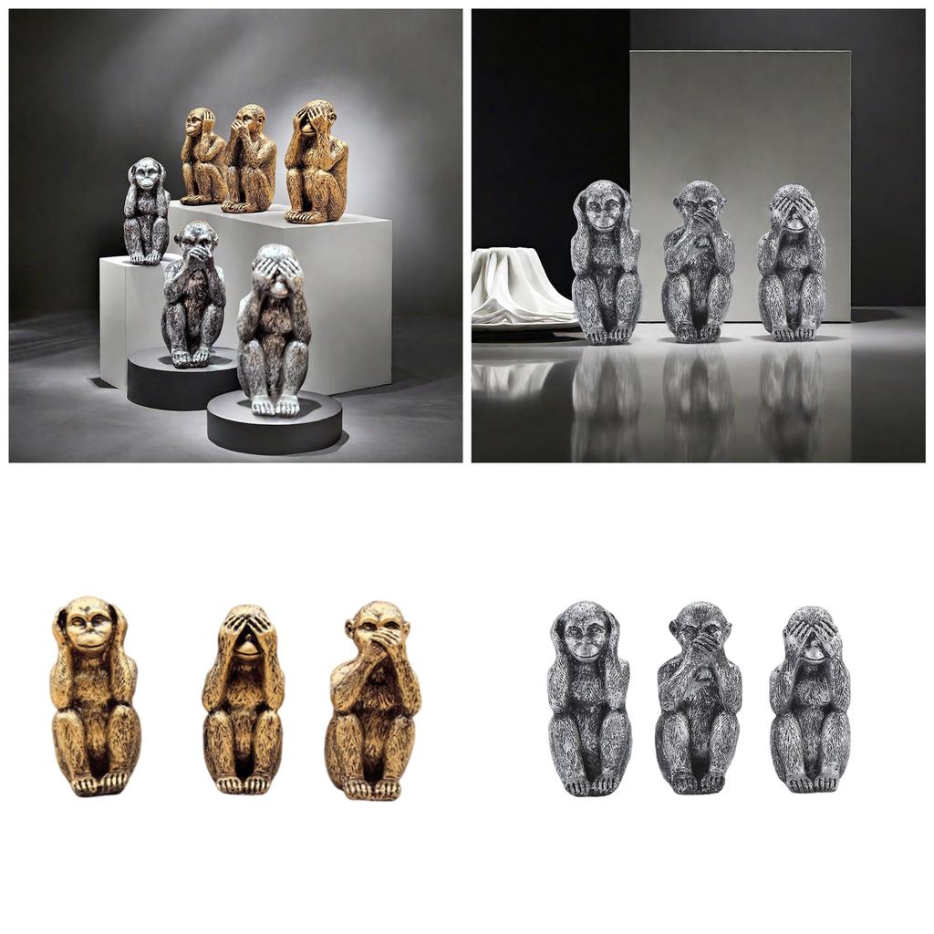 Набор из 3 золотых скульптур обезьян: фигурки «Не вижу, не слышу, не говорю зла» для украшения книжной полки и спальни