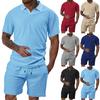 Men's Summer Solid Color V-Neck Outdoor Casual Sports Short Sleeve Top Shorts Set
