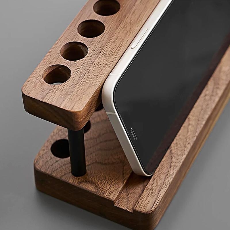 Подставка для ручек Creative с 9 слотами Многофункциональная подставка для сотового телефона Подставка для телефона Деревянный держатель для ручек из ореха