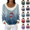 Women's Fashion Plush V Neck Pullover Top Long Sleeve Tee Christmas Printed Sweatshirt