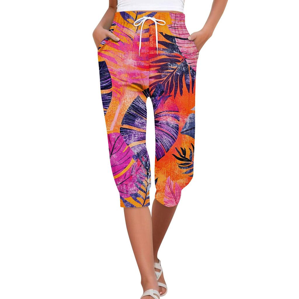 Женские летние повседневные свободные укороченные брюки с гавайским принтом и карманами