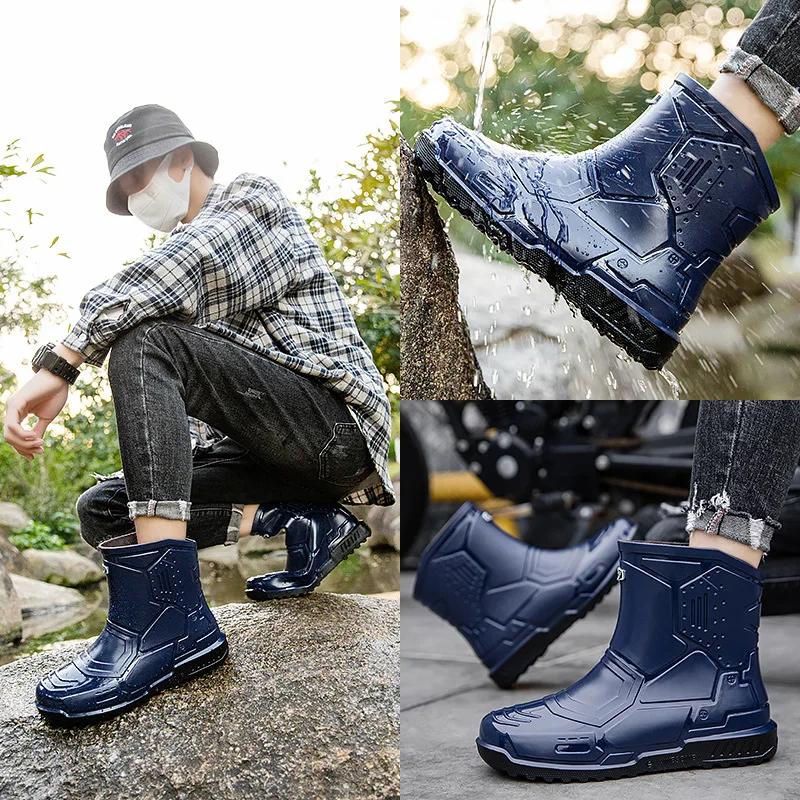 Men's Waterproof Rain Boots Outdoor Solid Color Fishing Boots Fashion Non-slip Waterproof Shoes Solid Color Mid-tube Rain Boots