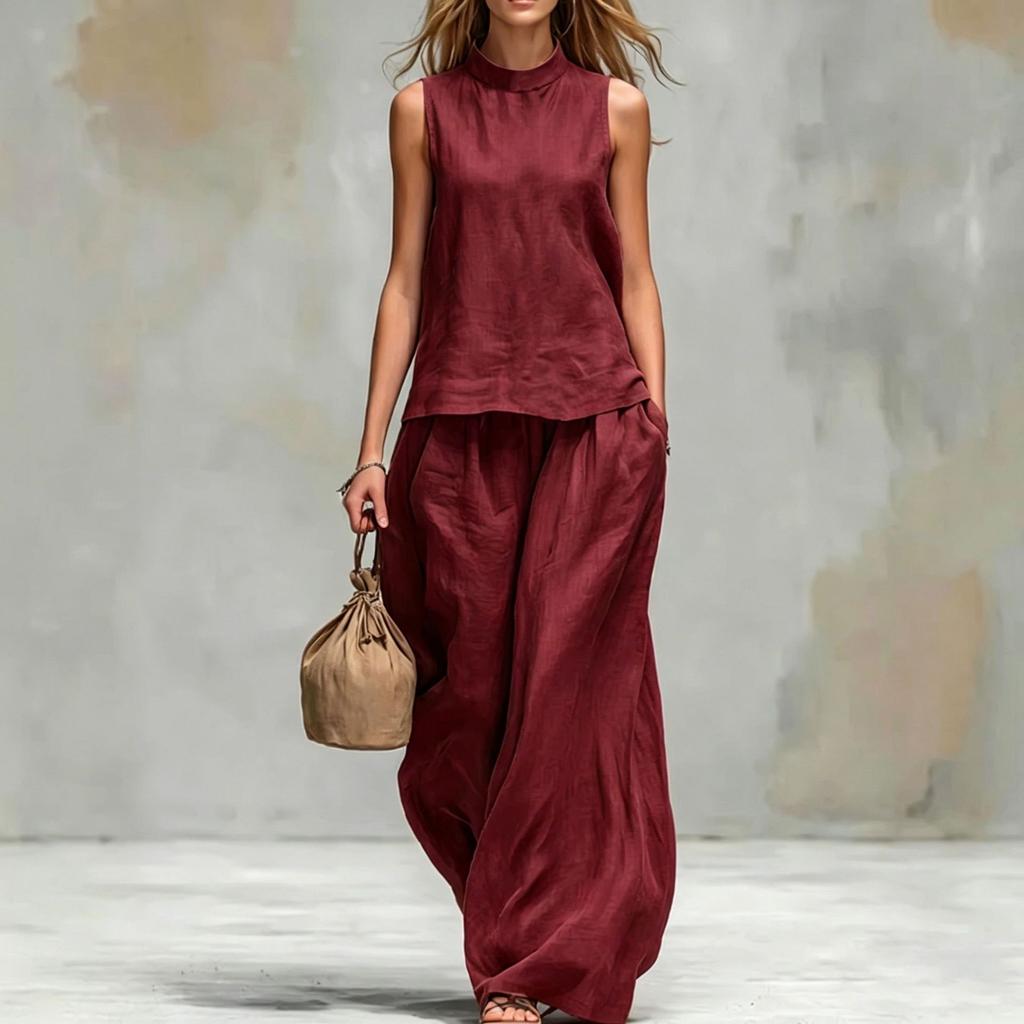 Cross-border 2026 Amazon Independent Station European and American women's stand-up collar cotton and linen solid color sleeveless top and pants