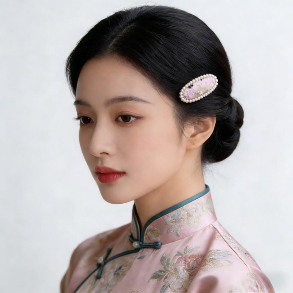 Chinese Style Songzhen Hair Clip Gold Silk Fabric Silk Hair Clip Elegant Pearl Inlay Hairpin Gift