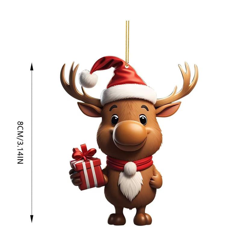 2025 Cartoon Deer Christmas Tree Pendant Christmas Party Atmosphere Cartoon Cute Santa Hat Deer Double Print Easter Decoration