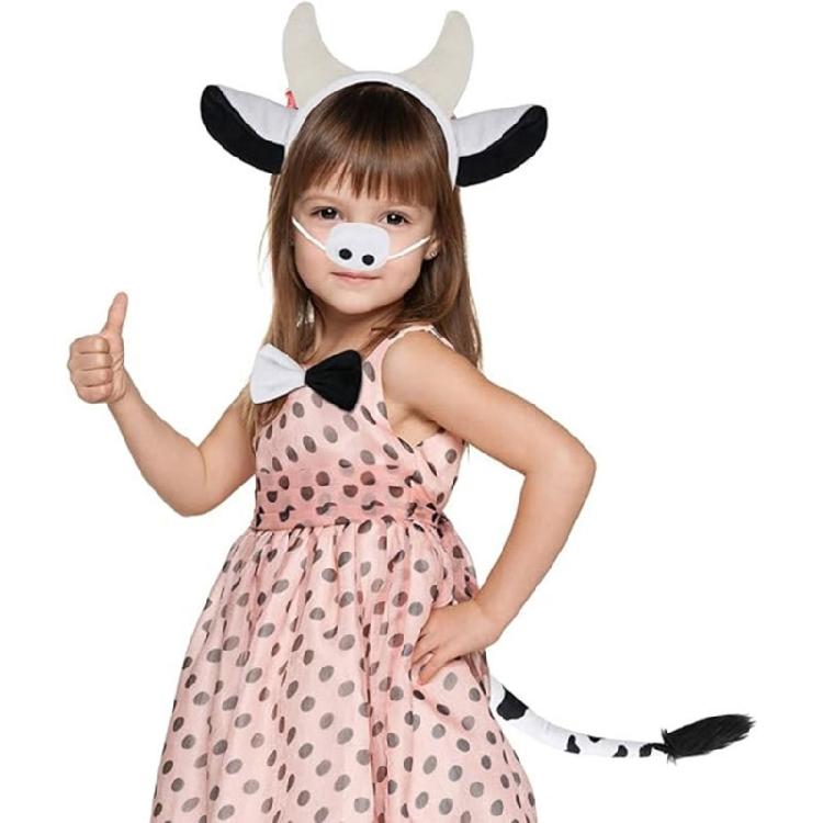 Cow Animal Costume Include Headband Tail Bowtie Nose Skirt Halloween Animal Role Play Outfit Accessory for Kid Adult